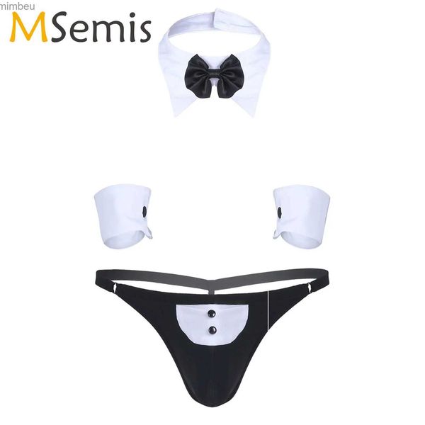 Seksi set seksi set 3pcs erkek garson smokin iç çamaşırı seksi cosplay aç g-string jockstraps iç çamaşır iç çamaşırı ve bilezikler c240410