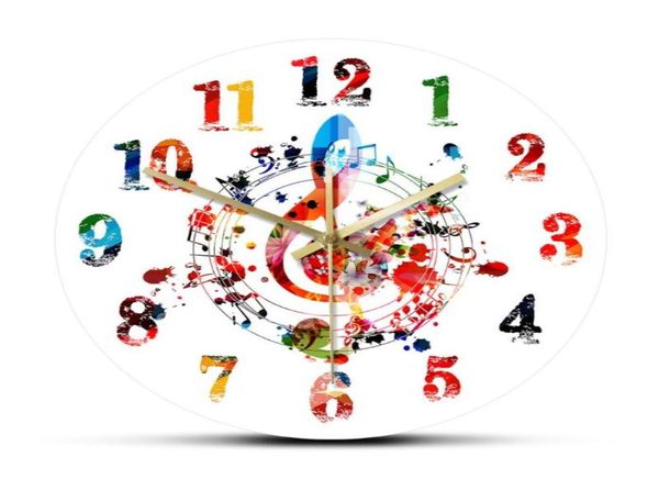 Красочный символ Gclef Treble с музыкальными нотами Настенные часы Творческий ритмичный богато украшенный домашний декор Мелодия Музыкальный знак Art Wall Watch2079154