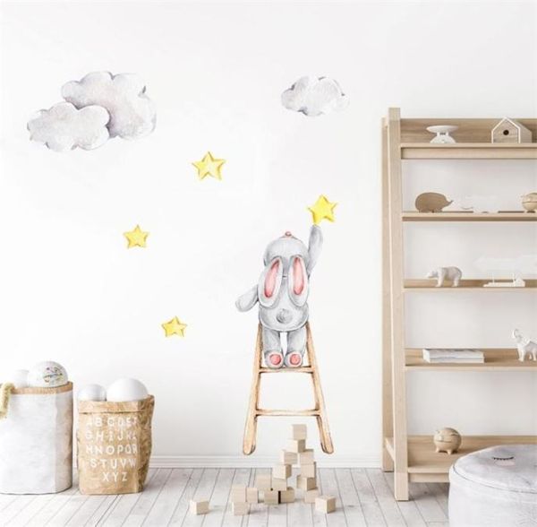 Simpatico coniglietto acquerello sulle scale Stelle Nuvole Decalcomanie da muro rimovibili Nursery Art Stickers Poster PVC Ragazze Camera da letto Home Decor 24555703