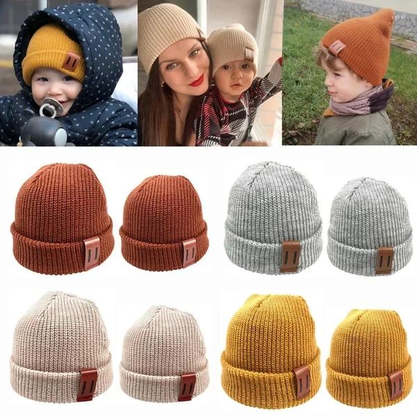 Berets infantil bebê adulto malha bonés crianças inverno frio quente cor sólida chapéus de lã pai-filho roupas rua casual pulôver chapéu