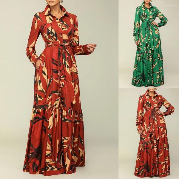 Roupas étnicas moda padrão geométrico vestido longo elegante solto laço-up gola camisa casual mulheres outono boho impressão maxi