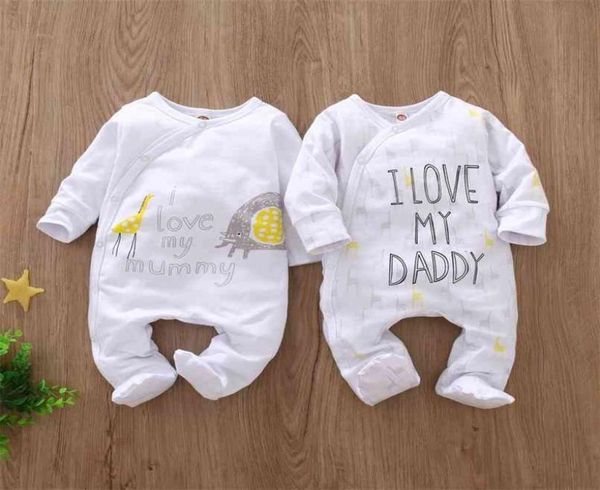 Neugeborenes Baby, Junge, Mädchen, Strampler, langärmelig, Baumwolle, Buchstabe „I Love Daddy Mummy“, Animal-Print-Overall, Säuglings-Pyjama-Outfits 2109115692481