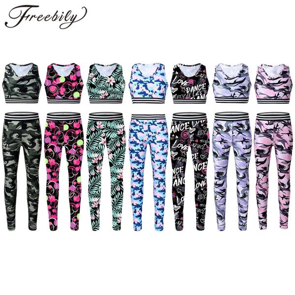 Calças crianças meninas roupa de treino camuflagem impresso tanques sutiã topos colheita + leggings calças crianças roupas esportivas ginásio treino