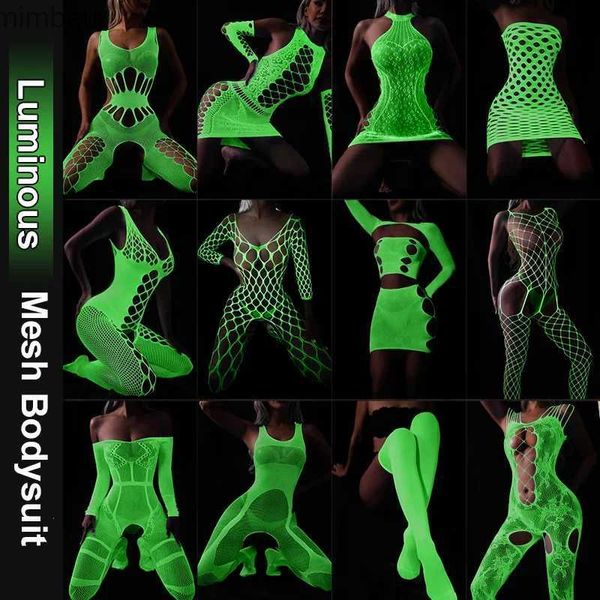 Conjunto Sexy Lingerie Sexy Corpo Luminoso Meia Fluorescente Malha Bodysuit Tubo Top Macacão Meias Malha Roupas Night Club Wear WomensL240122