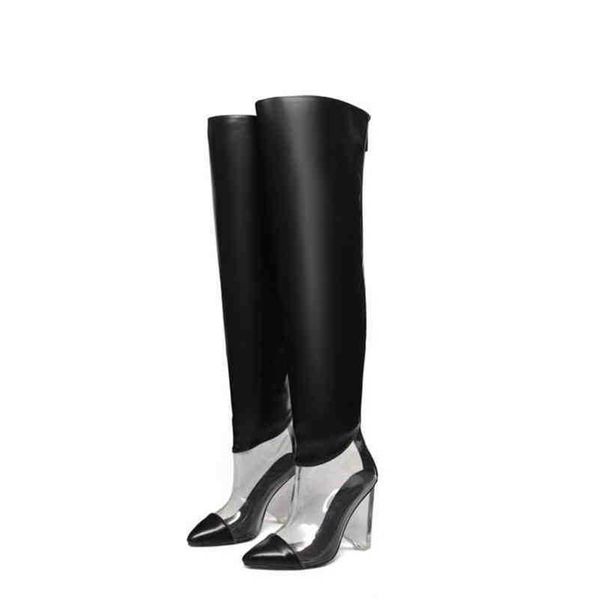 Botas novas outono inverno preto senhoras sobre o joelho botas cunha salto alto moda transparente fundo das mulheres sapatos 220913