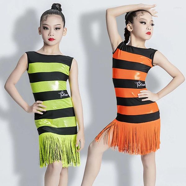 Сценическая одежда, зелено-оранжевое кожаное платье для латинских танцев, платья без рукавов с бахромой для девочек, детская одежда для бальных соревнований, SL8036