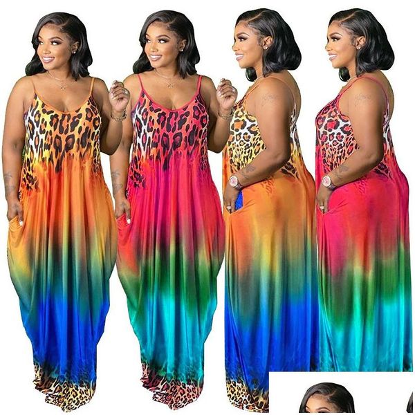 Grundlegende beiläufige Kleider Leopard Rainbow Print Cami Maxi Kleid Frauen Sommerkleidung Frau Lange Farbverlauf Farbe Gedruckt Vestdos mit Poc Dhu59