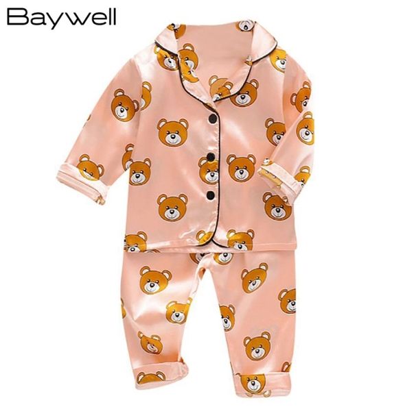 Criança de seda cetim pijamas conjunto dos desenhos animados crianças meninos meninas pijamas pijamas pijamas terno menina casa roupas menino loungewear 211089479
