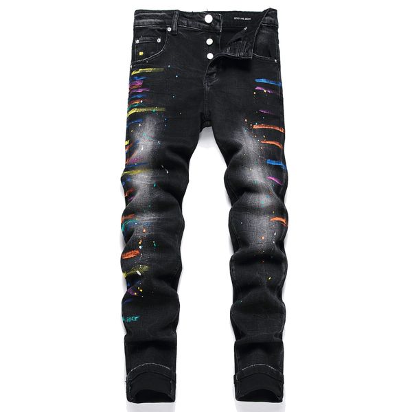 Jeans Designer Jeans Painted Ripped Herren Straight Jeans Herren Knie Skinny Straight Größe 30-38 Motorrad Trendy Long Straight Hole Denim Großhandel 3584