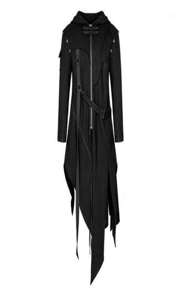 Vertvie Men Gothic Trench Coat Steampunk Vintage Long Black Jacket Male Hooded Irregular Design Cardigan Outerwear Coat13624018