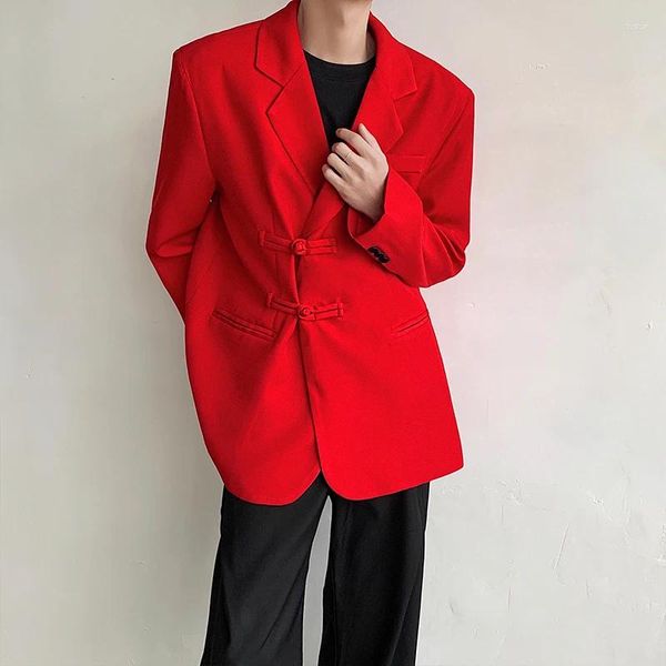 Мужские костюмы, китайский красный костюм, пиджак, сплошной цвет, отложной воротник, стильные свободные пиджаки, мужская уличная повседневная куртка