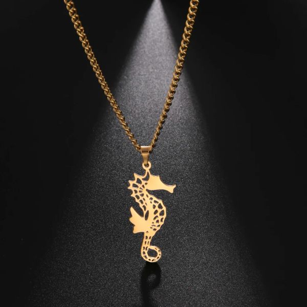 Halskette mit Seepferdchen-Anhänger, 14 Karat Gelbgold, Hippocampus, Meerestier, Kette, Halsketten, Modeschmuck, Geschenk für Männer und Frauen