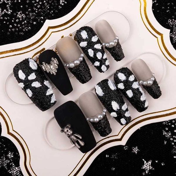 Unhas Falsas Artesanais Luxo Prego Falso Preto Com Cola Caixão Destacável Transparente Dicas de Unhas Falsas Reutilizáveis Imprensa Adesiva em Unhas Art Q240122