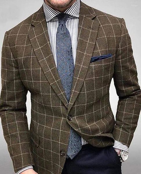 Мужские костюмы, мужской пиджак с сетчатым принтом и лацканами, однобортный, простой, теплый, элегантный, модный, джентльменский, элитный, деловой, деловой
