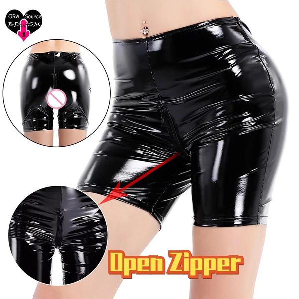 Capris mulher látex aberto virilha shorts flash couro escondido zíper leggings oco para fora calças crotchless ao ar livre sexo esporte calcinha do plutônio