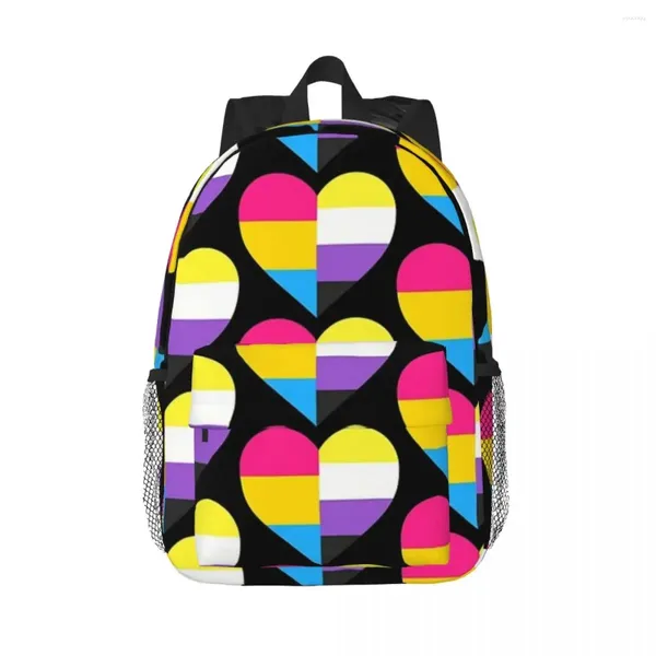 Mochila pan e não binário orgulho coração adolescente bookbag moda crianças sacos de escola viagem mochila ombro grande capacidade