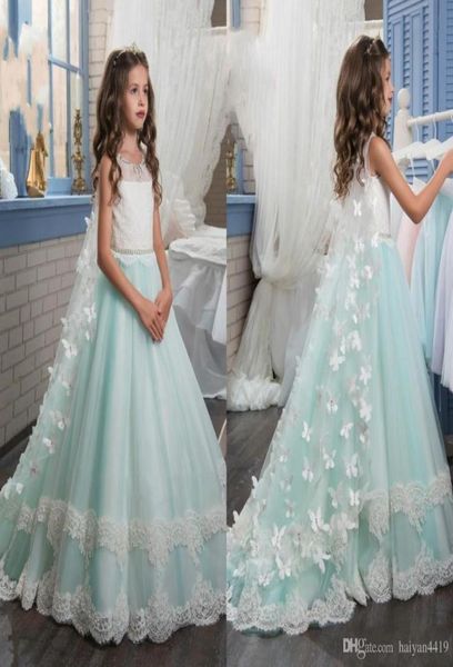 Abiti da spettacolo per ragazze Verde menta Applique in pizzo Farfalla 3D Fascia floreale Perline di cristallo Lungo Tulle Bambini Abito per ragazze di fiore Compleanno 2209502