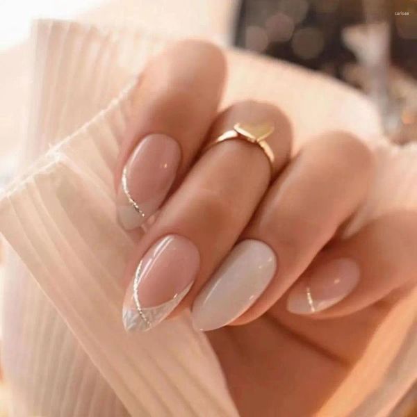 Falsas unhas longas amêndoa manicure elegante imprensa francesa em destacável rosa vermelho gradiente falso nials mulheres