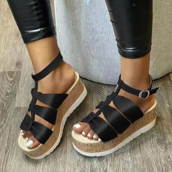 Sandálias senhoras tie-tingido mulheres cinta sapatos verão cunha plataforma casual fivela feminino ajuste flops marca para mulher