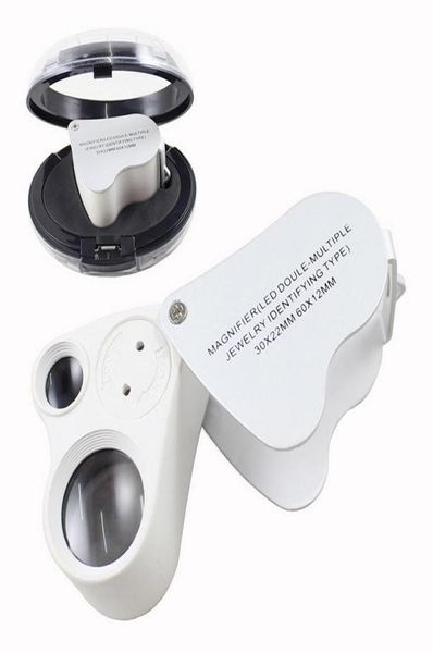 Mini lenti d'ingrandimento per gioielli 30x 22mm 60x 12mm lente d'ingrandimento per gioielli doppia lente d'ingrandimento in vetro con lenti d'ingrandimento per microscopio pieghevole a luce LED9277355