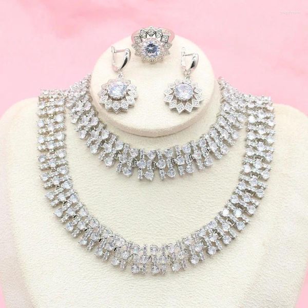 Colar brincos conjunto de luxo branco zircônia define cor prata jóias de noiva para mulheres anel pulseira caixa de presente