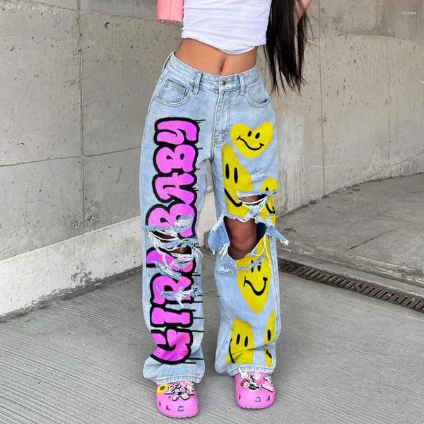 Jeans da donna 2024 Primavera e Autunno INS American Street Fashion Spicy Girls Modello di lettera personalizzato stampato perforato