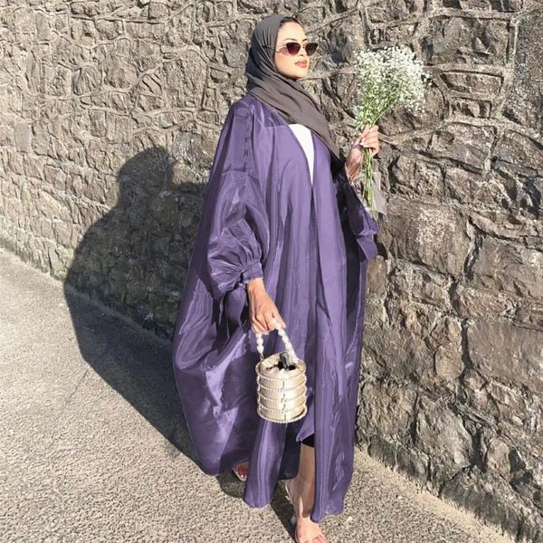 Roupas étnicas Brilhante Muçulmano Aberto Abaya Verão Puff Manga Longa Maxi Vestido Mulheres Kimono Dubai Kaftan Islam Vestido Femme Eid Ramadan Robes