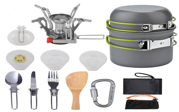 Set di pentole da campeggio Set di pentole da trekking portatile da picnic Mini set di fornelli a gas Stoviglie da campeggio Pentola 12 persone Suppl da viaggio all'aperto9250466