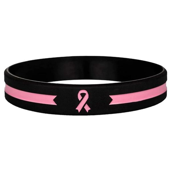 Armbänder 50 Stück Awareness Pink Ribbon Black Thin Line Silikon-Armband Gummi-Manschettenarmbänder