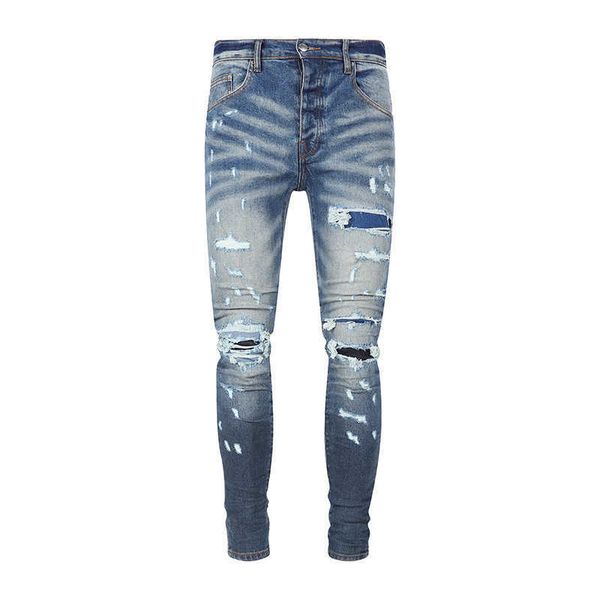 AmirsMen's Jeans Nova Moda Azul Escuro Falso Remendo Perfurado Jeans Masculino