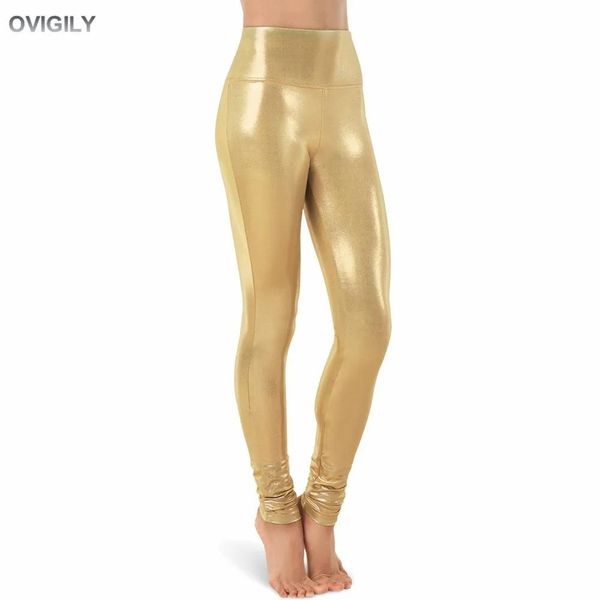 Capris Ovigily 13 Farben Frauen hoch taillierte Metallic-Tanz-Leggings in voller Länge glänzende Performance-Kostüme Spandex-Hosen Erwachsene Hosen