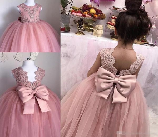 Abiti da spettacolo per bambini rosa cipria senza maniche pieghe abito da ballo in tulle abiti da laurea in pizzo bambini lunghezza pavimento aperto sul retro fiore 9340256