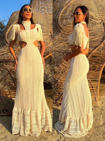 Sexy laço branco vestido feminino tartaruga pescoço franja mangas ultra fino cintura nua oco mangas compridas verão praia feminino de malha robe 240122