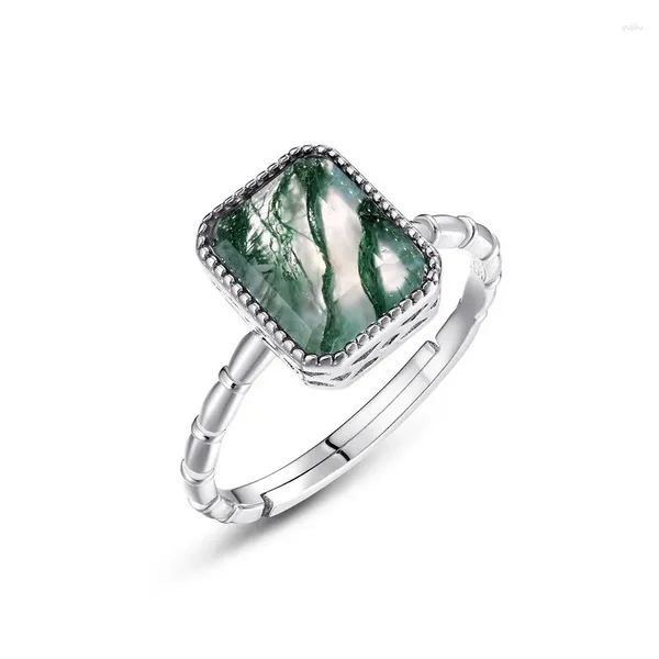 Cluster-Ringe: Grand Fashion, grüner Moos-Ring, S925-Silber, eingelegter geometrischer Wassergras-Achat, offener, heller Luxus