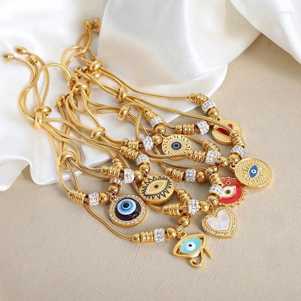 Charme pulseiras na moda jóias de aço inoxidável micro pave zircon grego olho encantos correntes ajustáveis pulseira para mulheres meninas