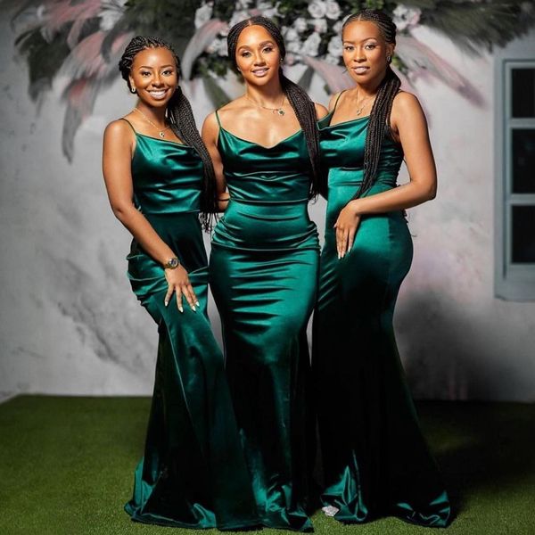 Drak Green Junior Bridesmaid Dresses Mermaid Elastic Satin Long Bridesmaid Dress Scoop Spaghetti Straps For Arabic Black Women Wedding Guest's Wear in Wedding NR020