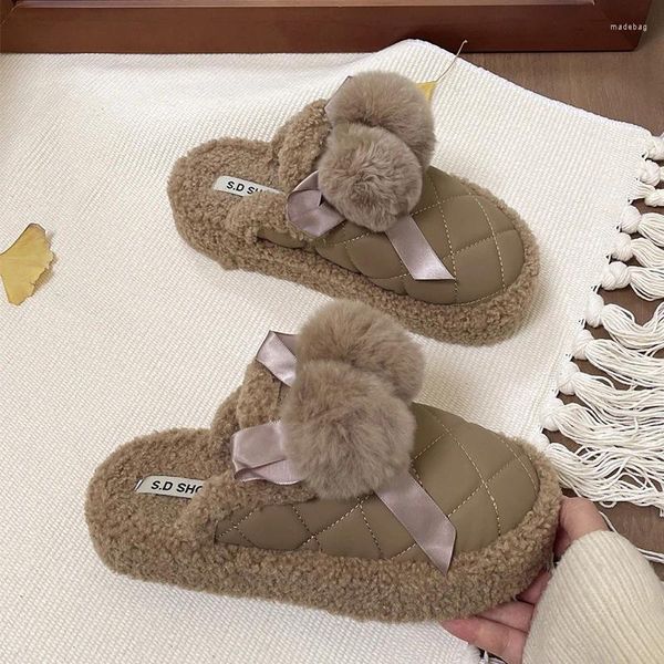 Chinelos arco fofo mulheres plataforma apartamentos mules botas 2024 inverno moda quente curto pelúcia flip flops casa algodão mujer slides