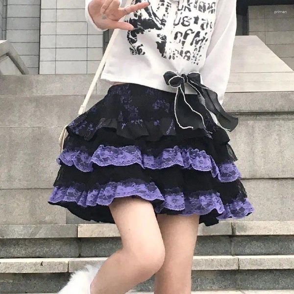 Saias Harajuku Chic Streetwear Lolita Saia Gótica Meninas Retro Lace Cintura Alta Bolo Feminino 2024 Punk Mini Tulle Y2K