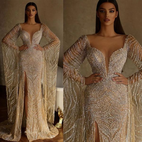 Stunningbride 2024 Arábia Saudita Haute Couture Sereia Vestido de Noiva Ilusão Alta Dividir Vestidos De Noiva Noiva Princesa Celebridade Beads Lantejoulas Robes