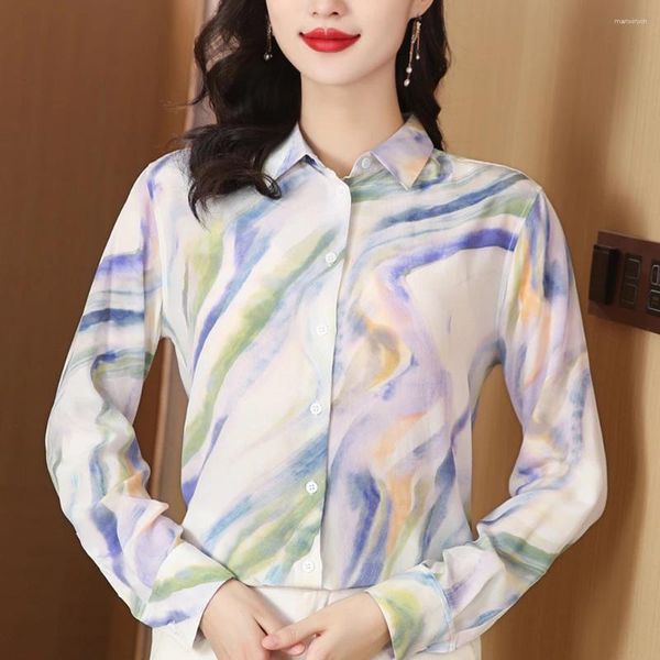 Kadın Bluzları 2024 Bahar Baskı Uzun Kollu Gömlek Üstleri Kadın Giyim Ofisi Lady Yatak Yatak Gevşek Saten İpek Bluz Femme Blusas