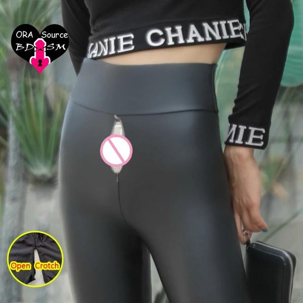 Mulher Cappris Sexy Crotch Leggings Escondidos Zipper Coreia calcinha sem gripe Flash Pu Hot Pant High Rise High Casal Casal ao ar livre sexo