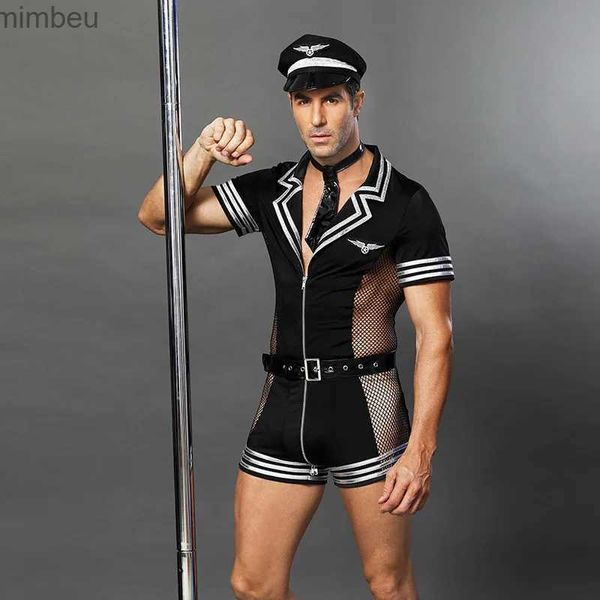 Set sexy da uomo uniforme da marinaio della polizia cosplay lingerie erotica maglia PU patchwork effetto bagnato tuta abbigliamento per giochi di ruolo sessuali night clubwearL240122