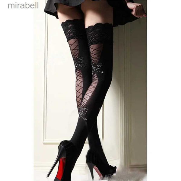 Meias meias sexy fishnet meias mulheres renda preta sheer ficar acima do joelho coxa alta hold-ups meia-calça lingerie yq240122