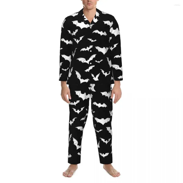 Homens sleepwear gótico arte halloween pijama conjunto outono bonito morcegos brancos na moda homem sono 2 peça estética oversize padrão casa terno