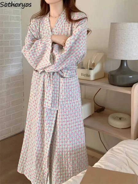 Schlaf-Lounge für Damen, süße Herz-Plaid-Roben, Damen-Herbst-lange Bademäntel, japanische Nachtwäsche mit Gürtel, bequem, locker, schick, weiblich, einfache Loungewear, L240122