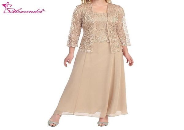 Abito per la madre della sposa champagne in chiffon alla caviglia con giacca in pizzo due pezzi 34 maniche Abito elegante da ballo Plus Size Party Dr3408202