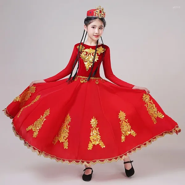 Bühnenkleidung Kinderfestival Xinjiang Tanzkostüm Mädchen großes Swingkleid Uiguren-Minderheitsanzug Hmong-Rock