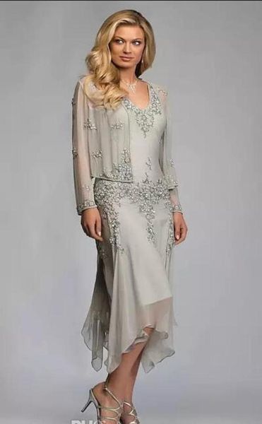 Splendidi abiti in chiffon grigio argento con applicazioni in pizzo lunghezza tè abiti per la madre della sposa con giacca con scollo a V profondo per matrimoni4578575