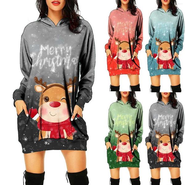 Abiti casual Natale da donna 3D Elk Print Versatile Ins Felpa con cappuccio Babbo Natale Harajuku Abito ampio sexy Y2K