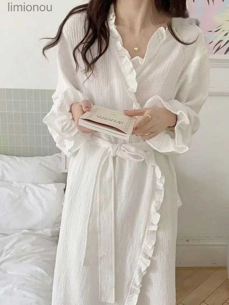 Roupão feminino para dormir, roupão feminino com babados, manga comprida, estilo coreano, robe branco elegante, spa, primavera outono, roupão de casa, pijamasL240122